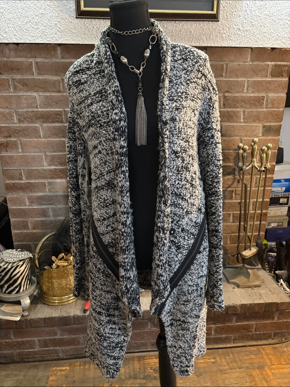 Black & White Bouclé Open-Front Cardigan
